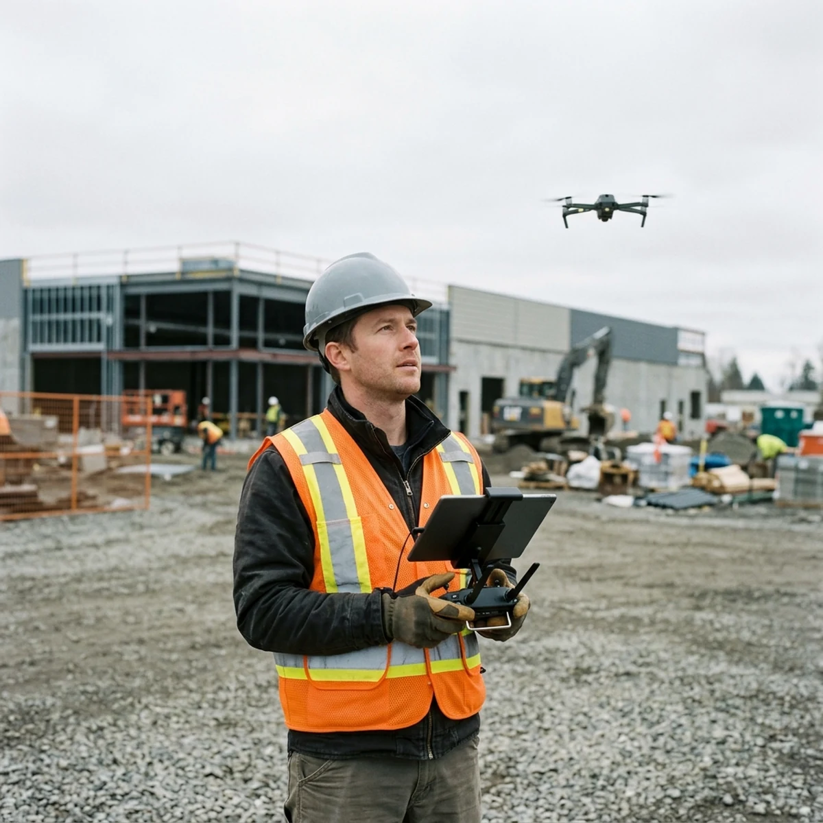 Drone operator in a high visibility vest and hard hat flying a quadcopter over a commercial construction site