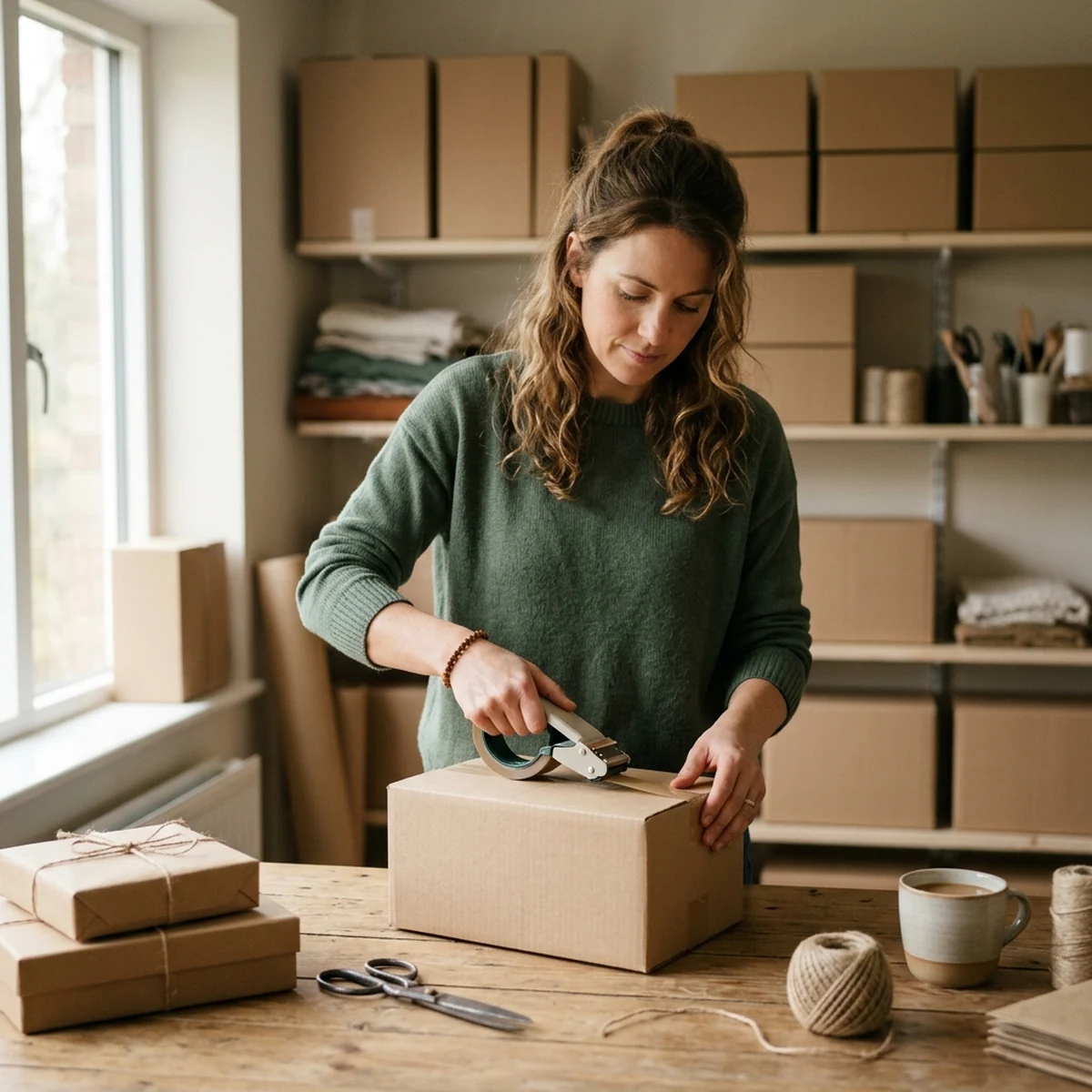 Small ecommerce business owner taping a kraft shipping box closed at a wooden work table with packed parcels beside her