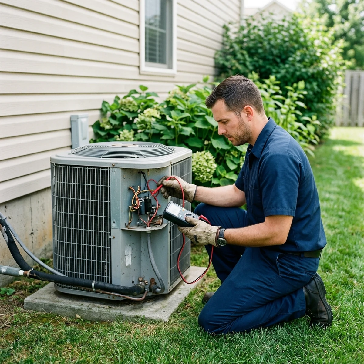 HVAC technician kneeling beside an outdoor condenser unit testing connections with a multimeter