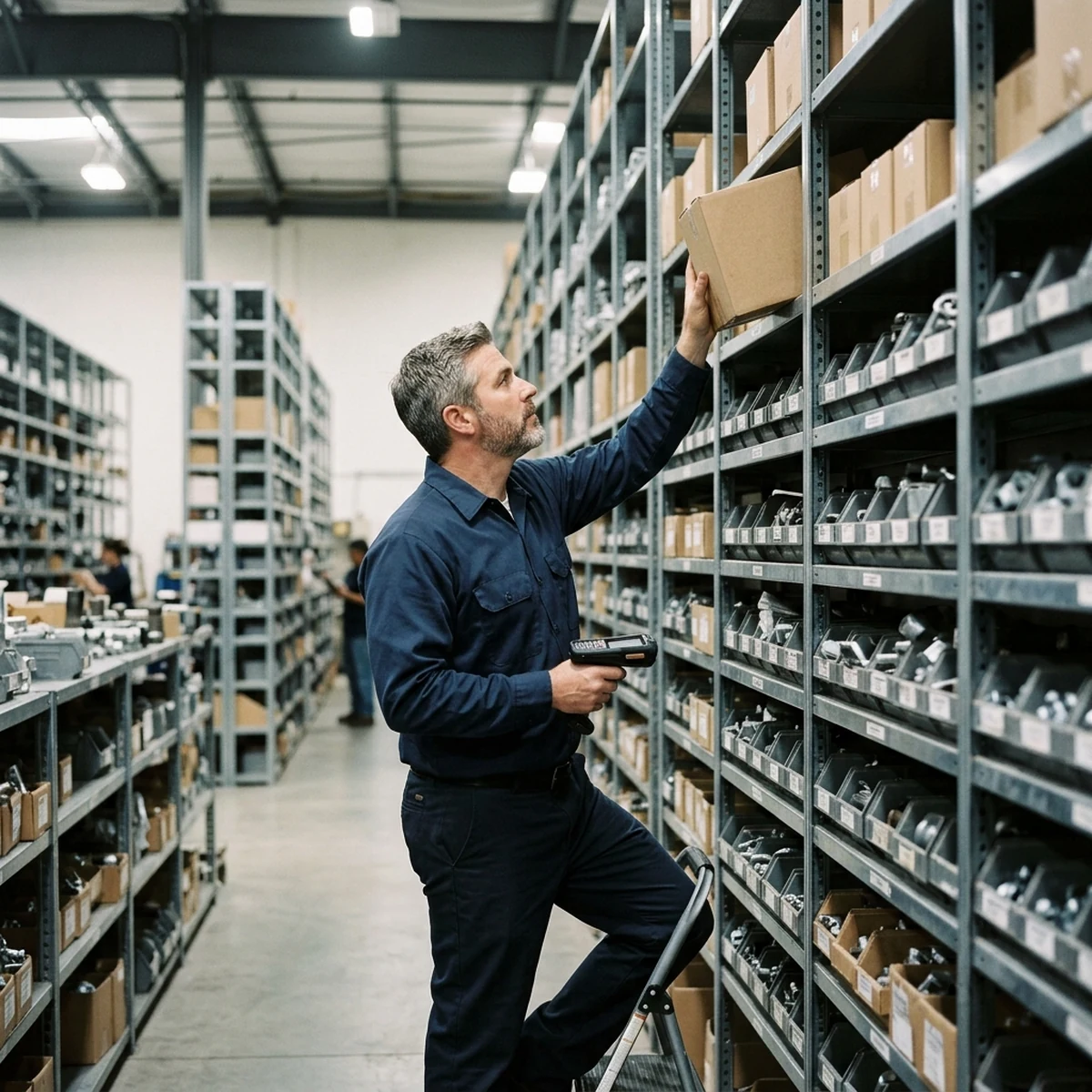 Warehouse worker with a handheld scanner pulling a boxed part from tall steel shelving in an industrial supply distributor