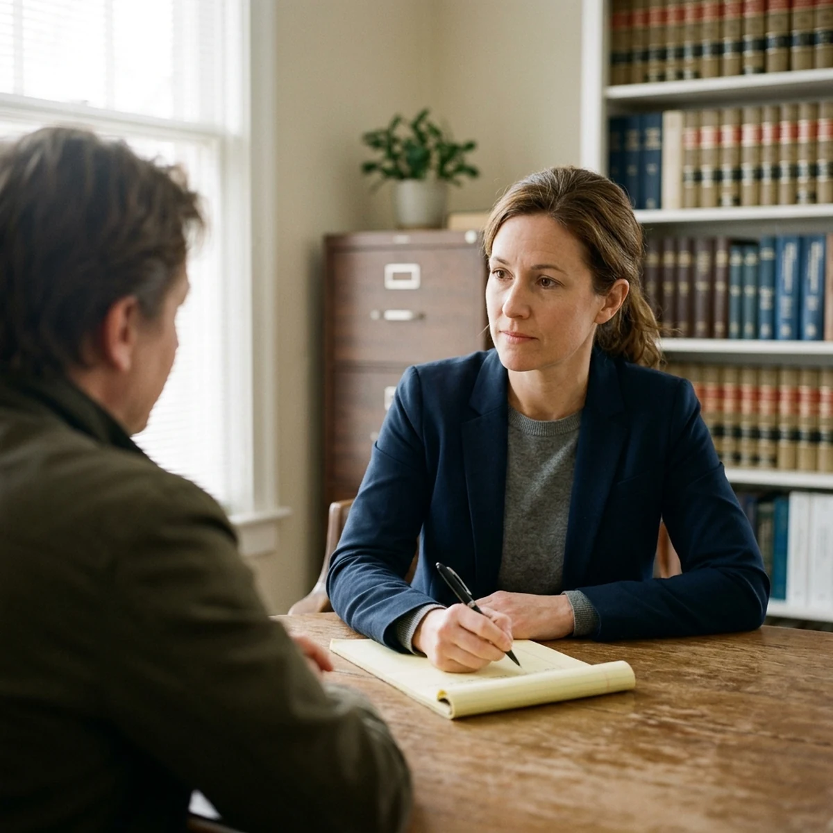 Attorney in a small law office taking notes on a legal pad while listening to a client across the table