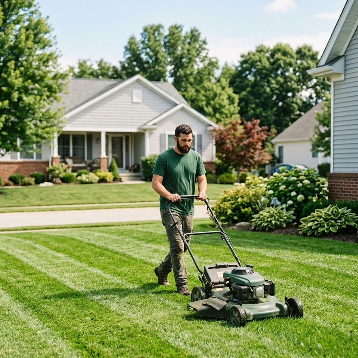 Landscaper mowing a striped residential lawn on a summer morning