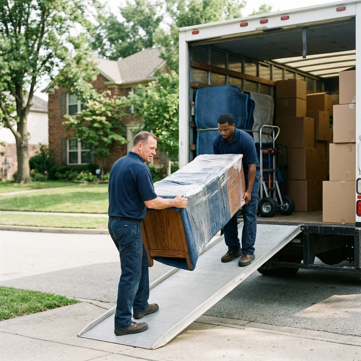 Two movers carrying wrapped furniture up the ramp into a moving truck outside a suburban home