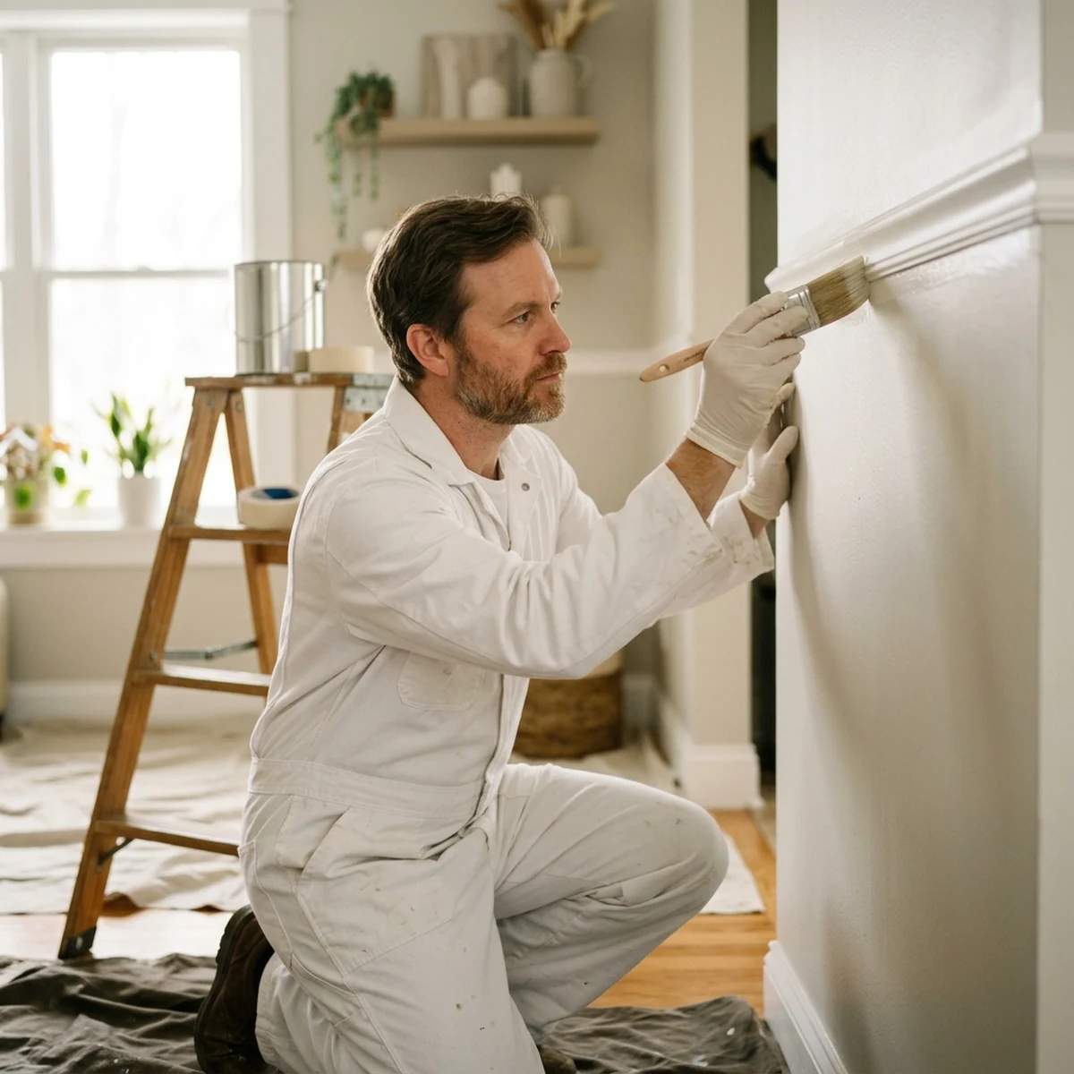 House painter in white coveralls cutting in a crisp paint line along an interior wall