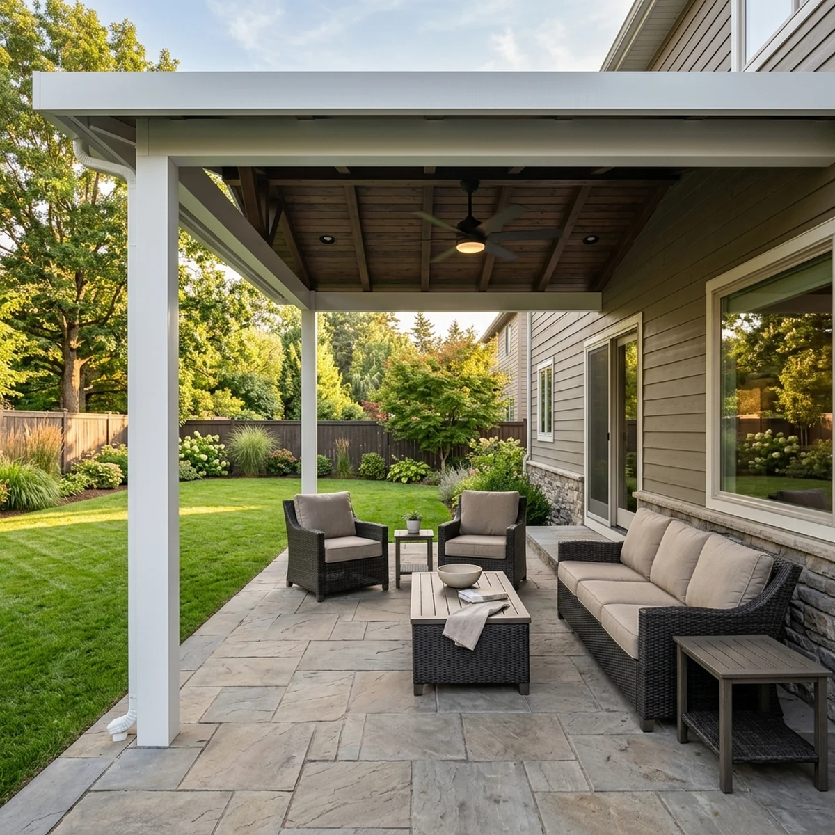 Finished covered patio with white posts and a beamed ceiling on the back of a suburban home