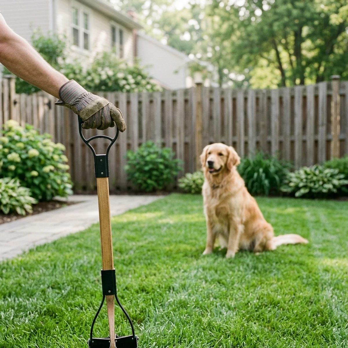 Tidy fenced back yard with a dog and a long-handled scooper tool