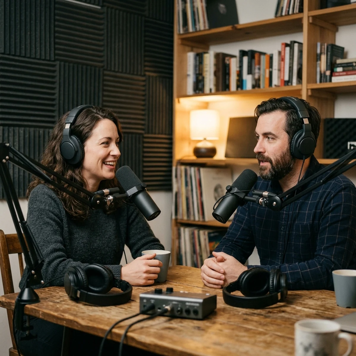 Two hosts recording a podcast at broadcast microphones in a small home studio with acoustic panels