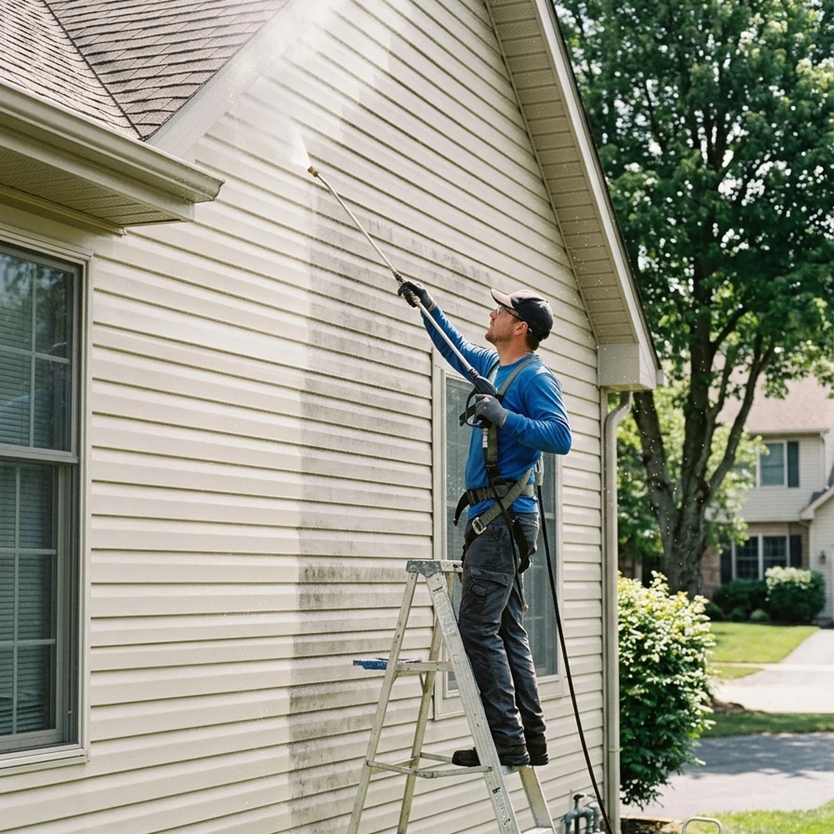 Worker soft washing the siding of a two-story suburban house