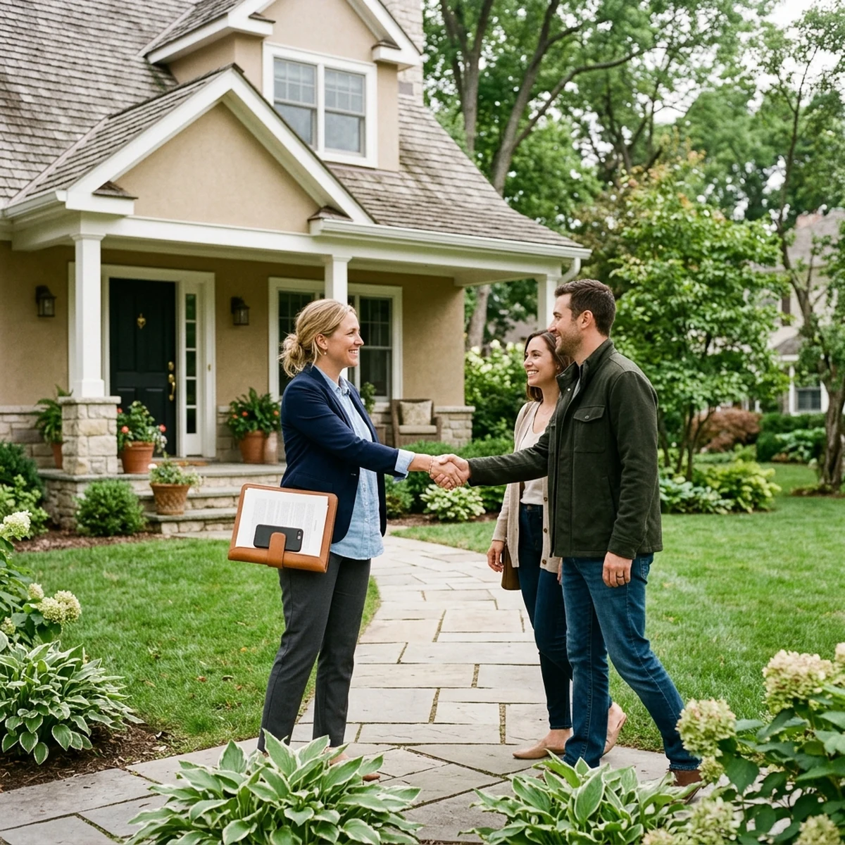 Real estate agent shaking hands with a couple on the walkway of a suburban home before a showing