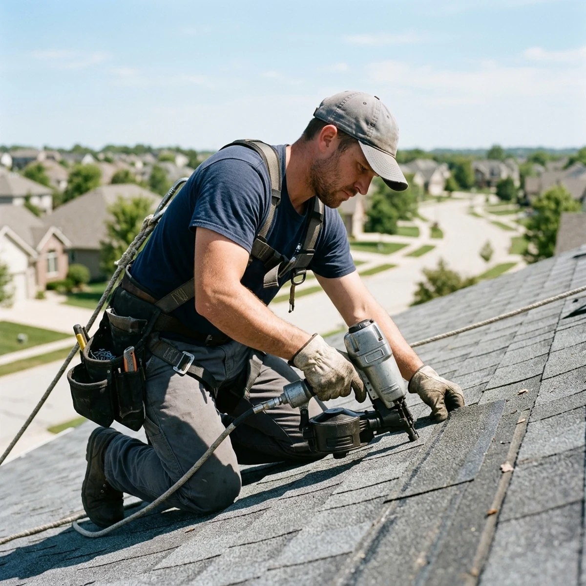 Roofer in a safety harness fitting shingles on a residential roof above a suburban neighborhood