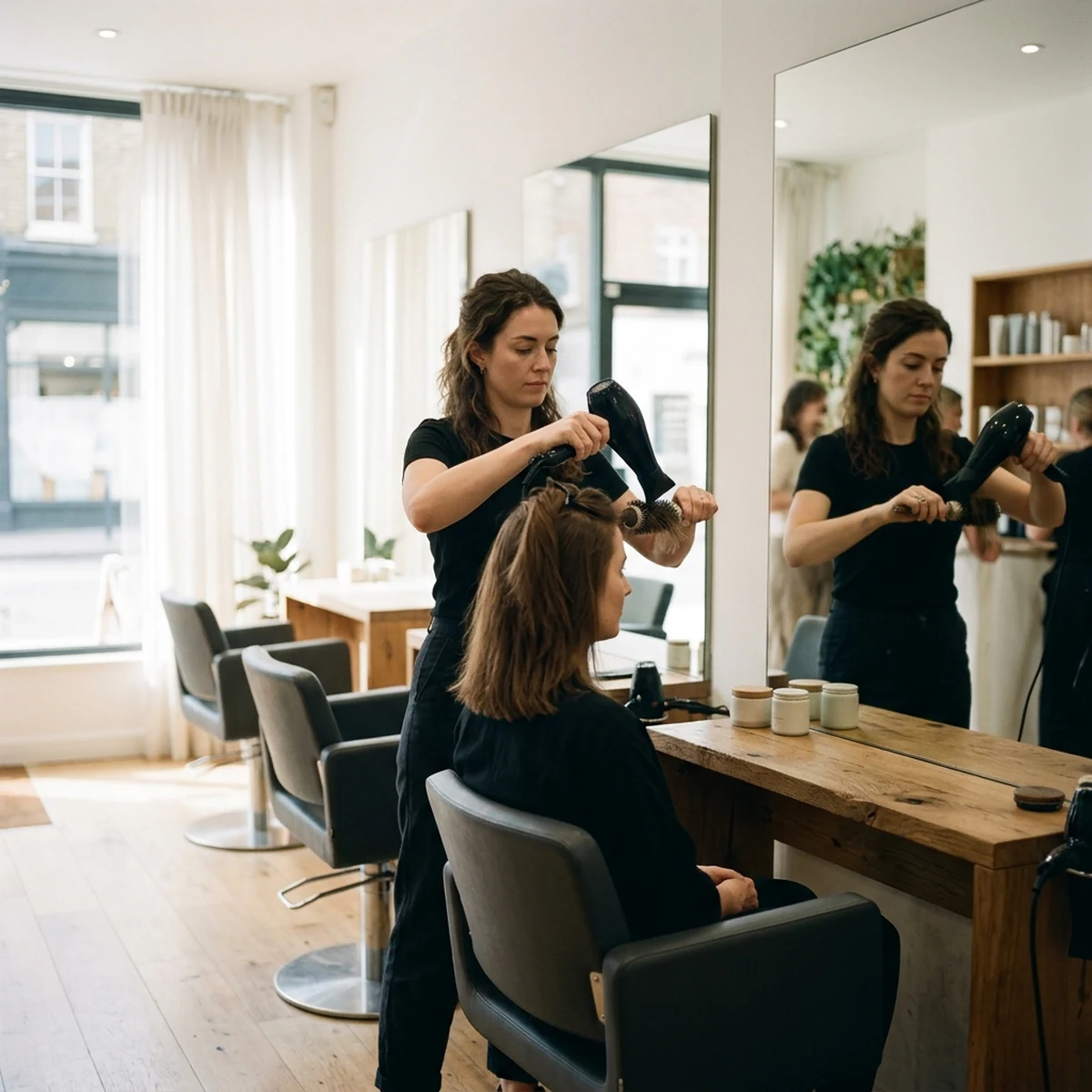 Stylist finishing a blow-dry for a seated client at a styling station in a bright modern salon