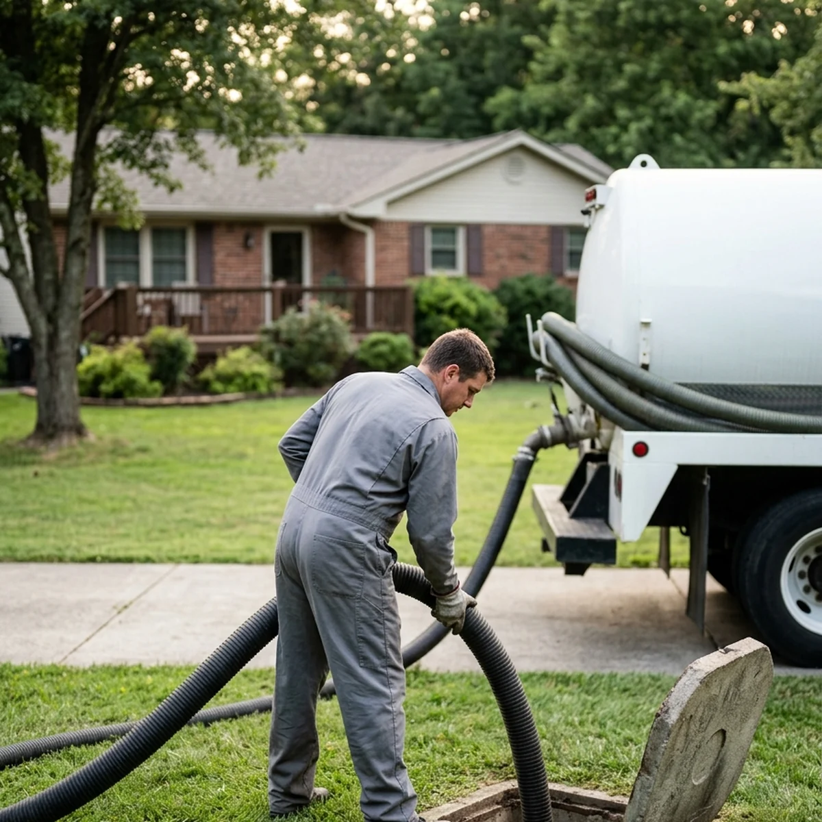 Septic technician handling a suction hose at an open tank lid beside a pump truck