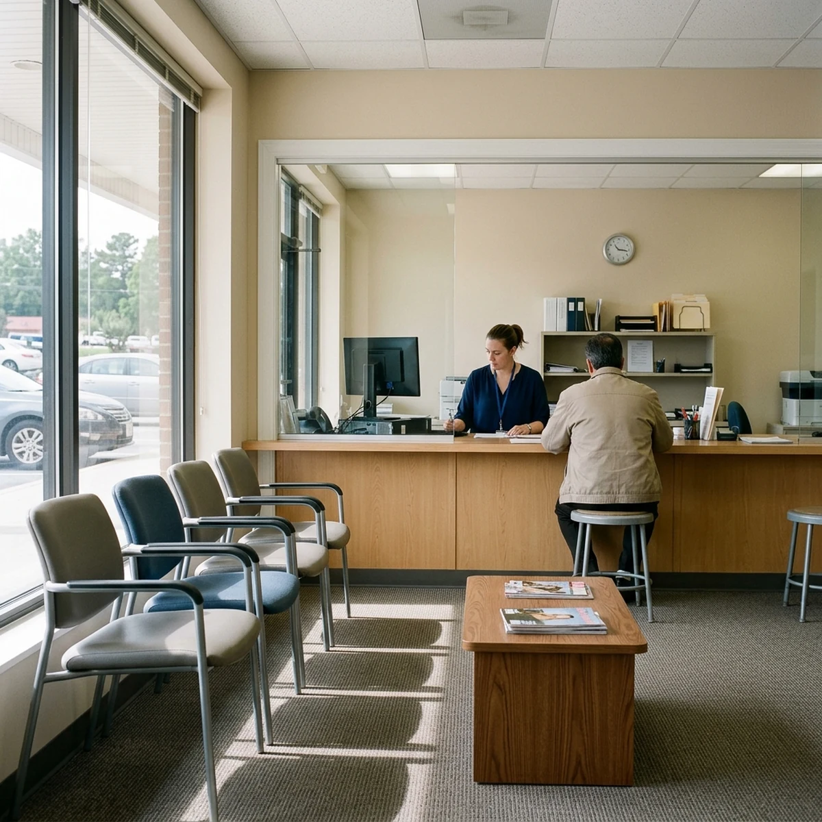 Small tidy license and registration office with empty waiting chairs and one customer being helped at the counter