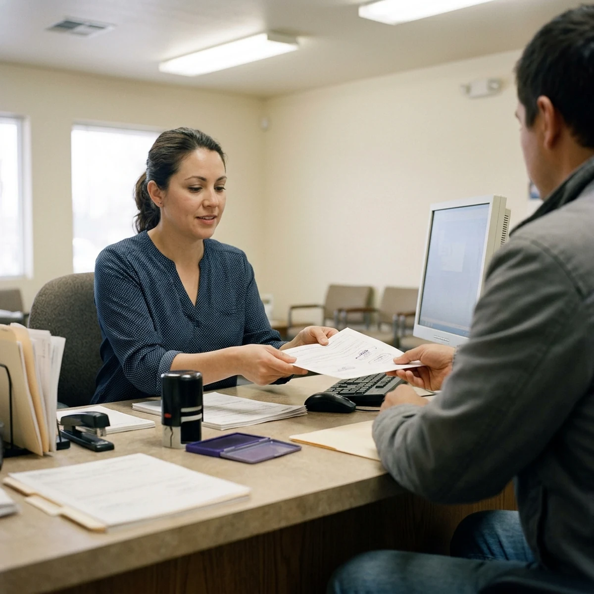 Clerk in a small auto title and notary office handing a stamped document across the service counter to a customer