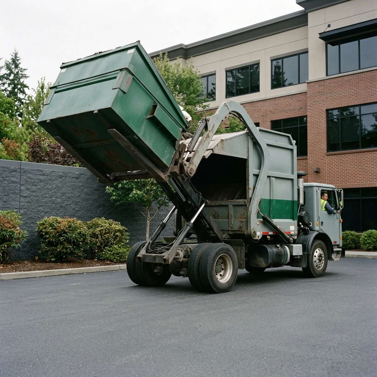 Front-load waste truck lifting a steel commercial dumpster behind an office building