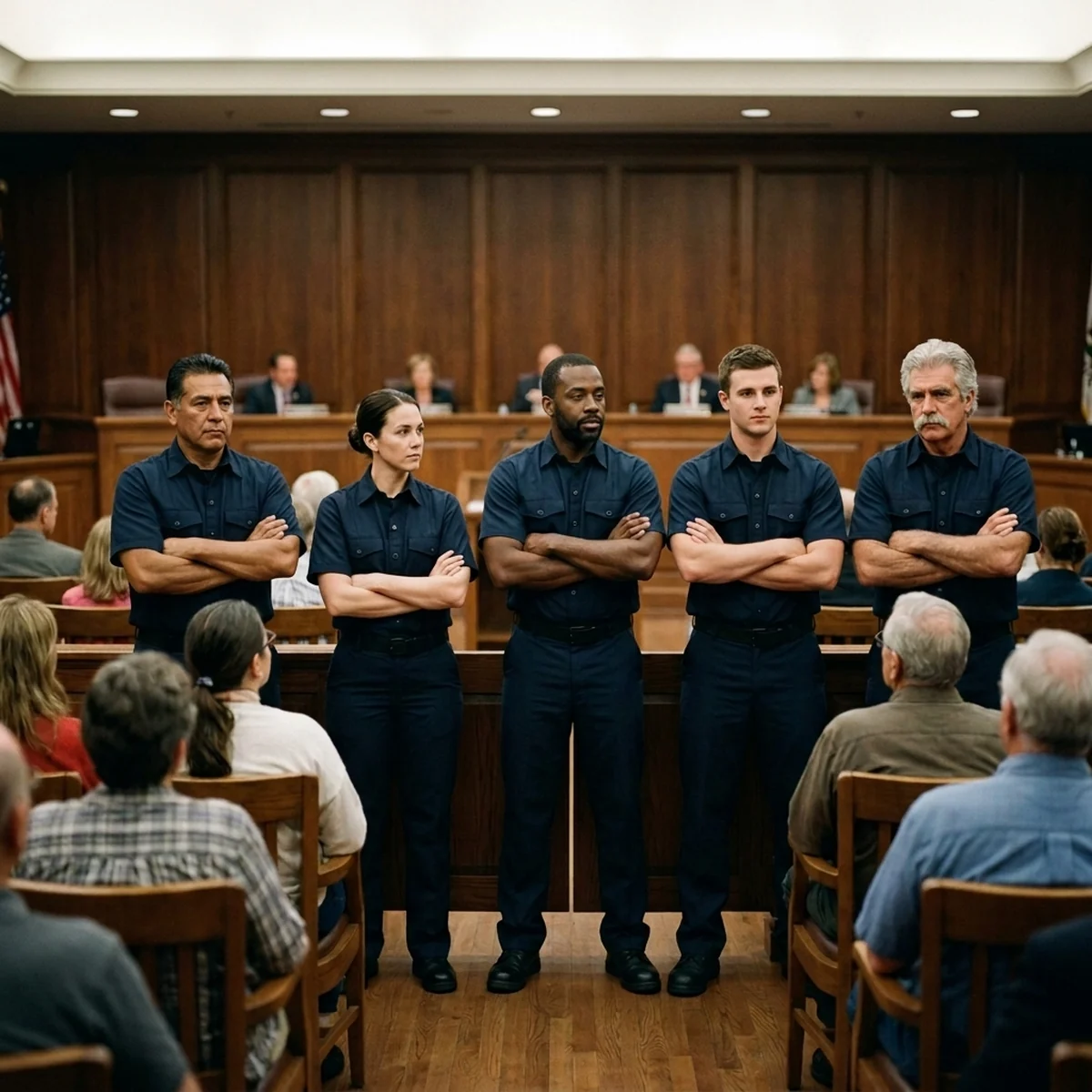 Five firefighters in station uniforms standing together at the back of a city council meeting while residents look on