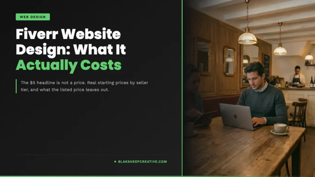Two people comparing website options on a laptop in a cafe, over the headline Fiverr Website Design: What It Actually Costs