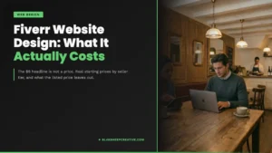 Two people comparing website options on a laptop in a cafe, over the headline Fiverr Website Design: What It Actually Costs
