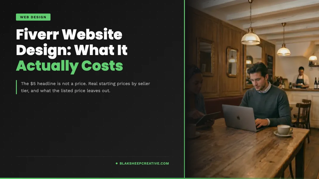 Two people comparing website options on a laptop in a cafe, over the headline Fiverr Website Design: What It Actually Costs