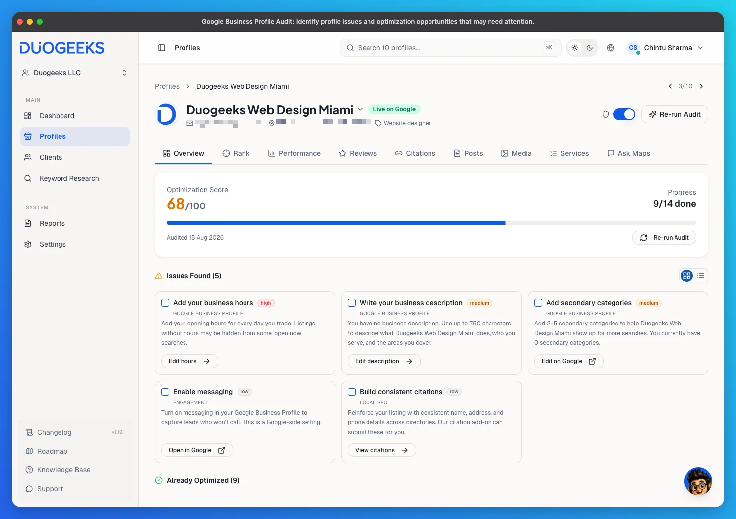 A MapGroww Google Business Profile audit with scored sections and recommended fixes.