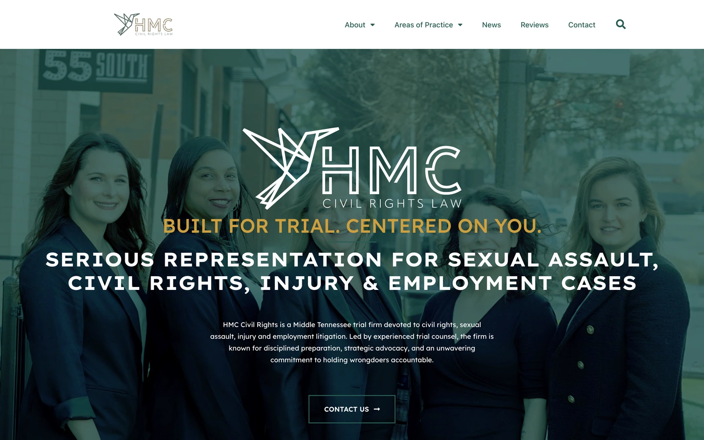 HMC Civil Rights homepage hero reading Built for Trial. Centered on You.