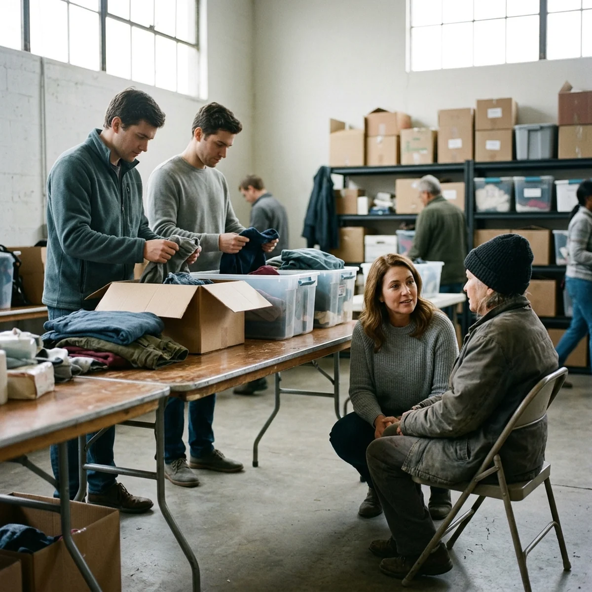 Volunteers sorting donated clothing into bins at a community nonprofit while a staff member talks with a person seeking help