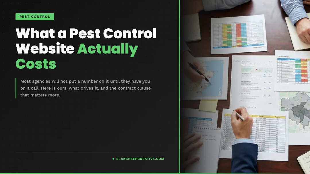 Pest control business owners reviewing local ranking reports and call logs while planning a website budget