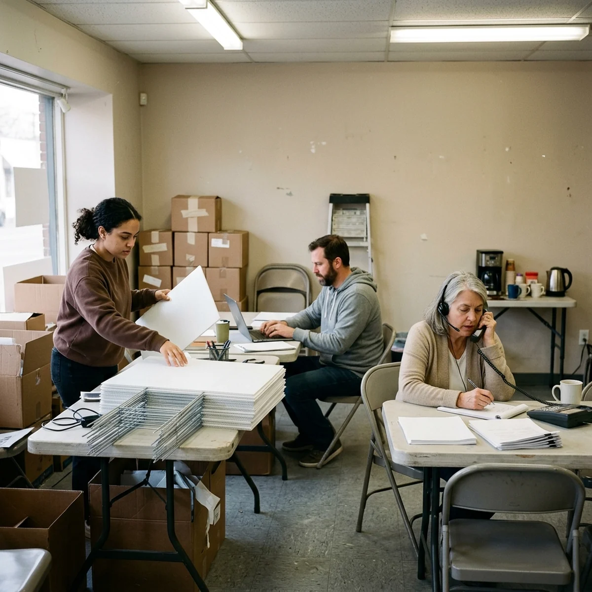 Campaign volunteers working at folding tables in a small storefront office, sorting blank yard signs and making phone calls