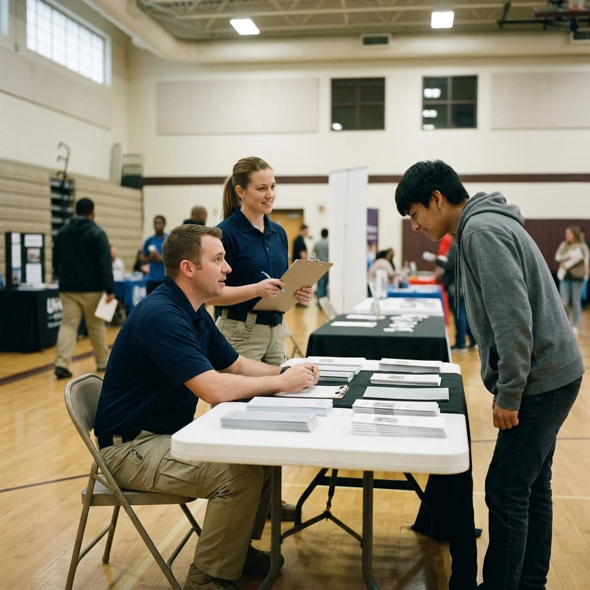 Two public safety recruiters in plain uniforms talking with a young candidate at a job fair table in a school gymnasium