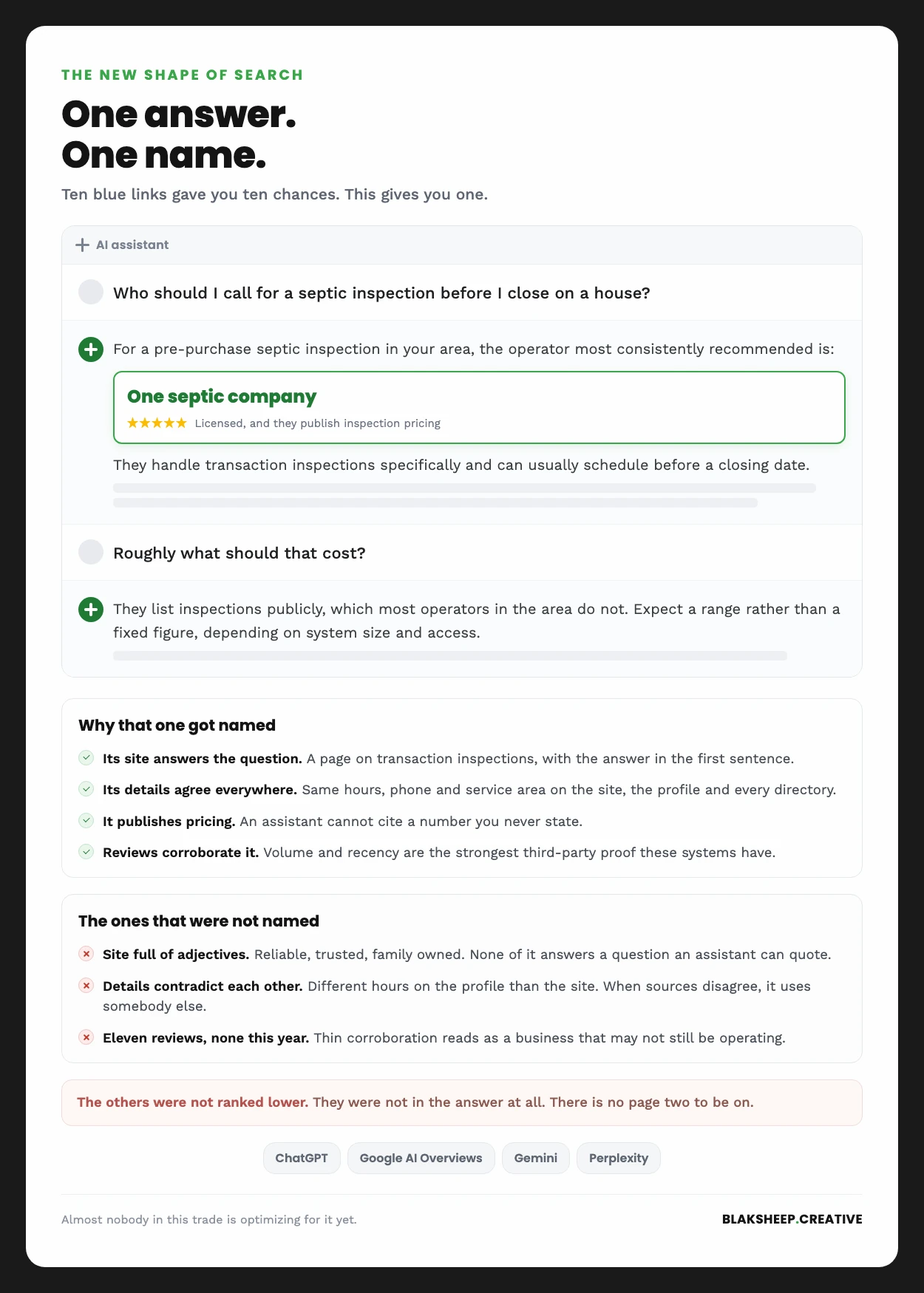 Mock AI assistant answer naming a single septic company for a pre-purchase inspection, with the reasons it was named and the reasons others were left out