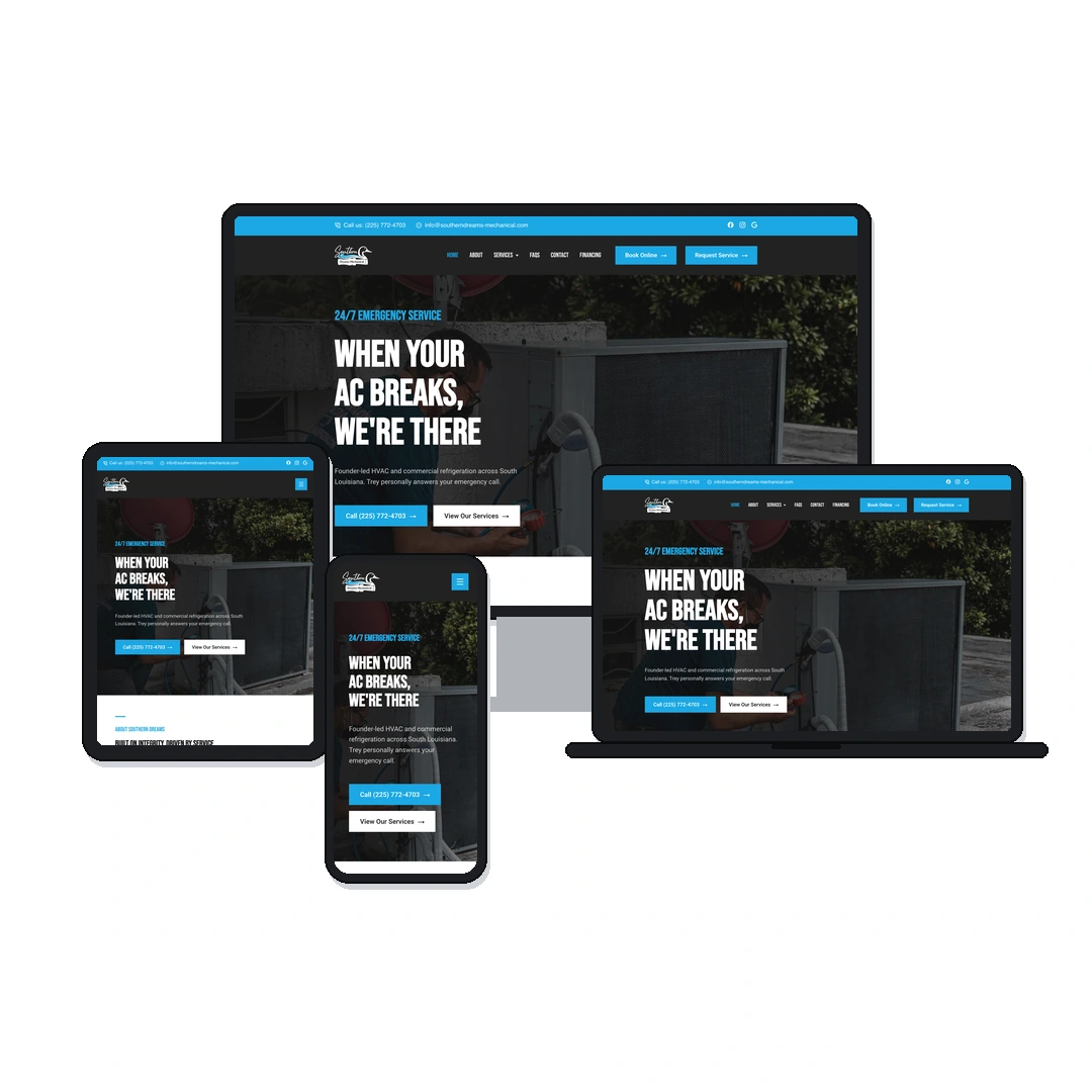 Southern Dreams Mechanical HVAC website shown on desktop, laptop, tablet and phone