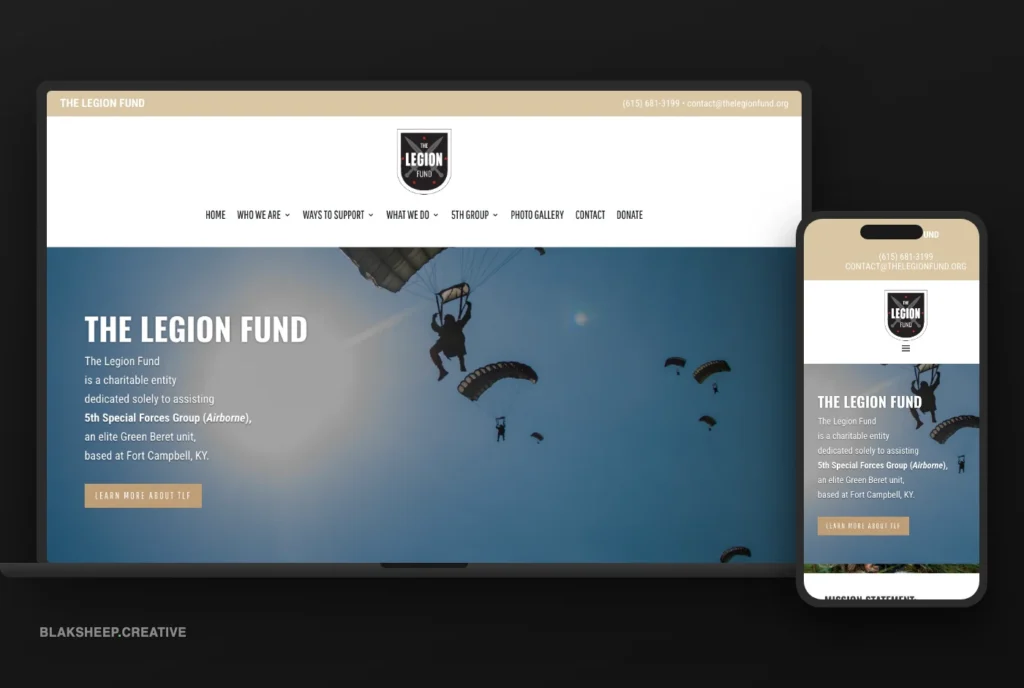 The Legion Fund website shown on a laptop and phone, a veteran nonprofit site built by BlakSheep Creative supporting 5th Special Forces Group Airborne at Fort Campbell