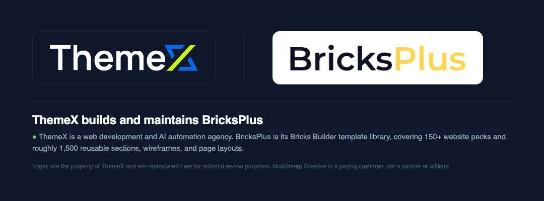 The ThemeX company logo beside the BricksPlus product logo, with a note that ThemeX builds and maintains BricksPlus
