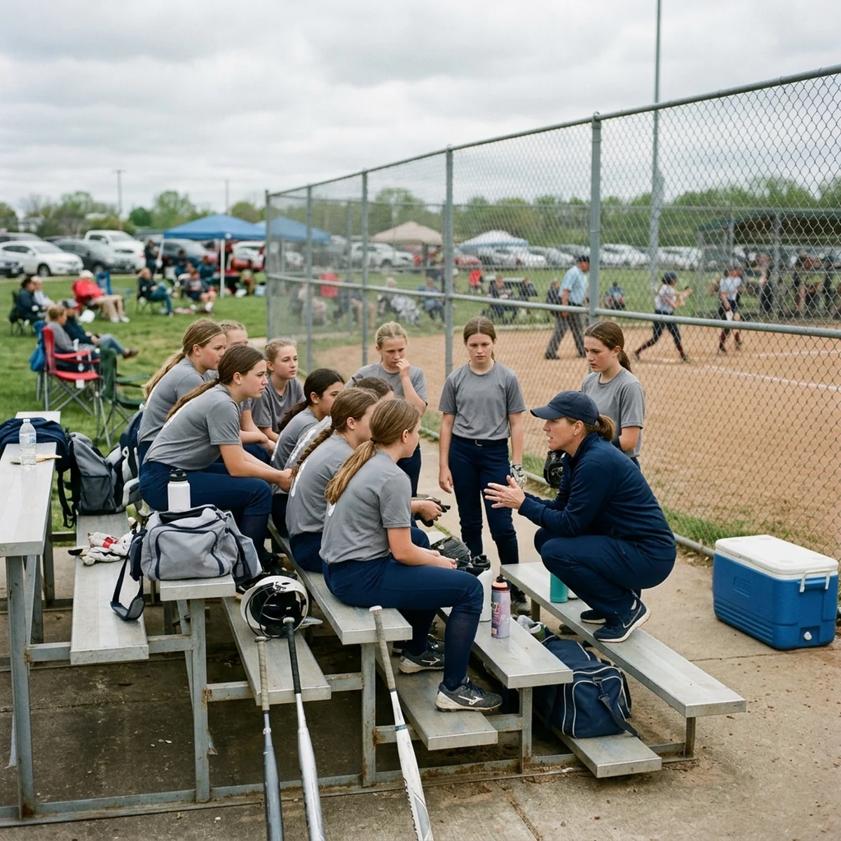A girls travel softball team sitting on bleachers with gear bags while a coach crouches and talks with them at a tournament complex