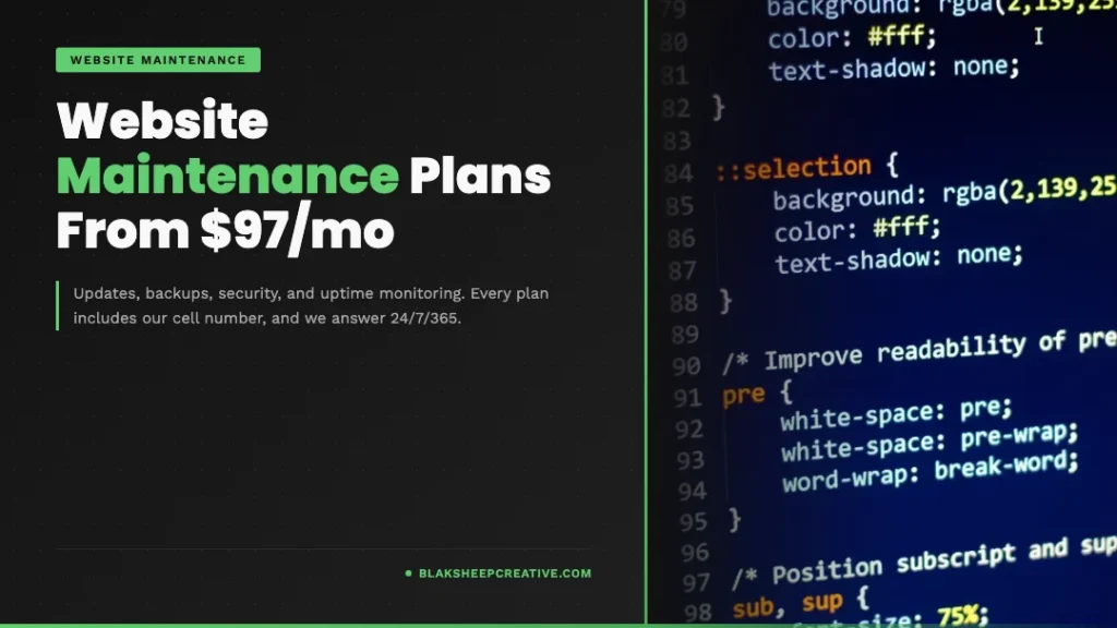 BlakSheep Creative website maintenance plans from $97 a month, with CSS code shown on a monitor