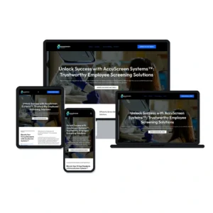 AccuScreen Systems website shown on desktop, laptop, tablet and phone