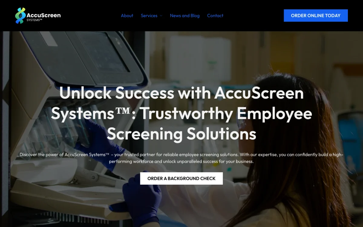 AccuScreen Systems website homepage, an employee background screening company in Baton Rouge