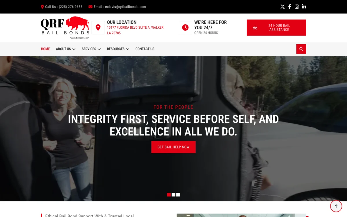 QRF Bail Bonds website homepage, a veteran owned 24/7 bail bond service in Livingston Parish