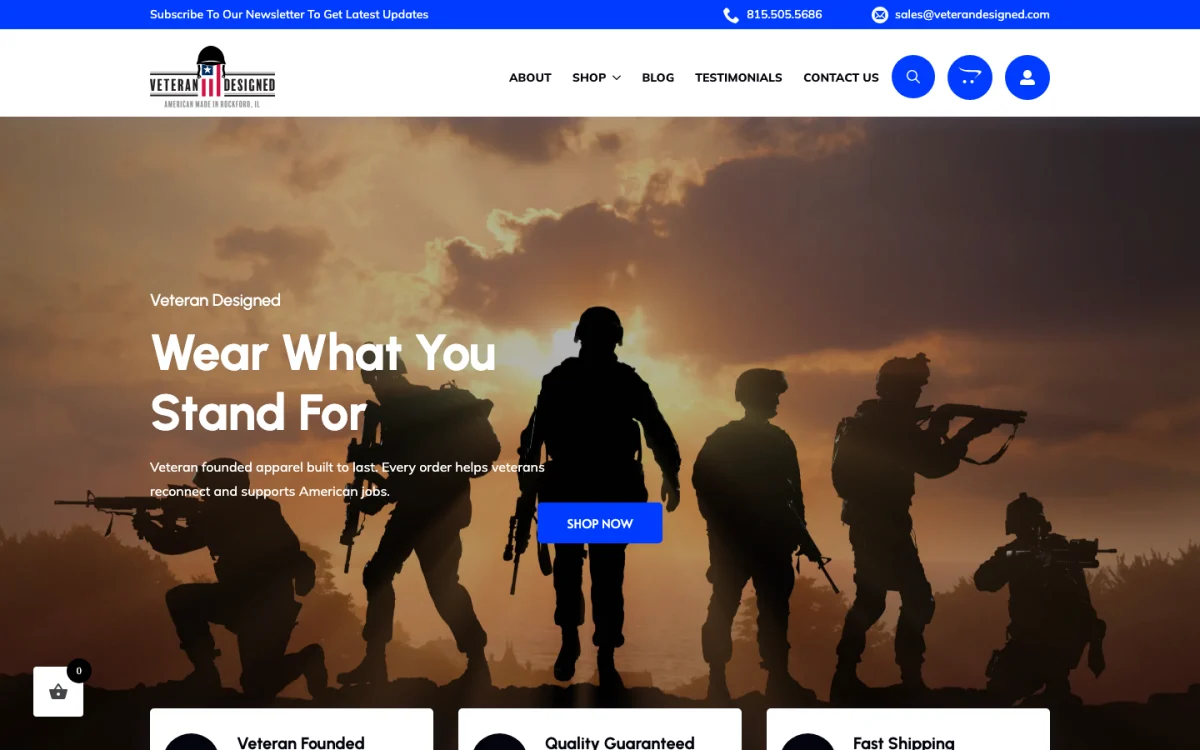 Veteran Designed website homepage, a veteran founded apparel store