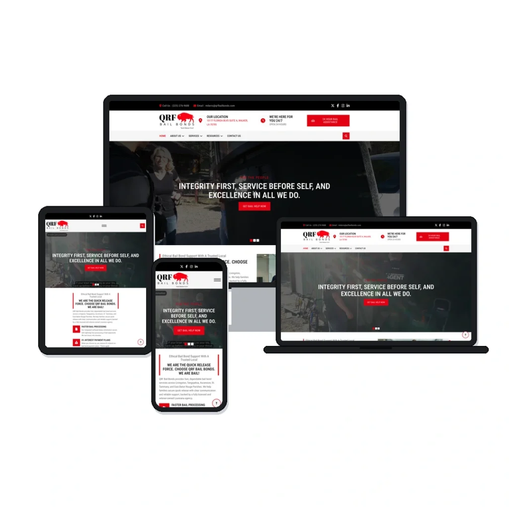QRF Bail Bonds website shown on desktop, laptop, tablet and phone