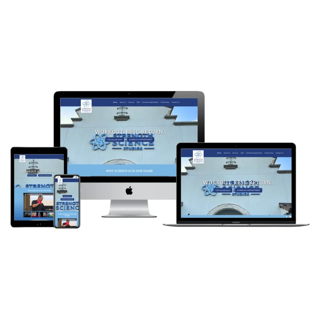 Strength Science Studios website shown on desktop, laptop, tablet and phone