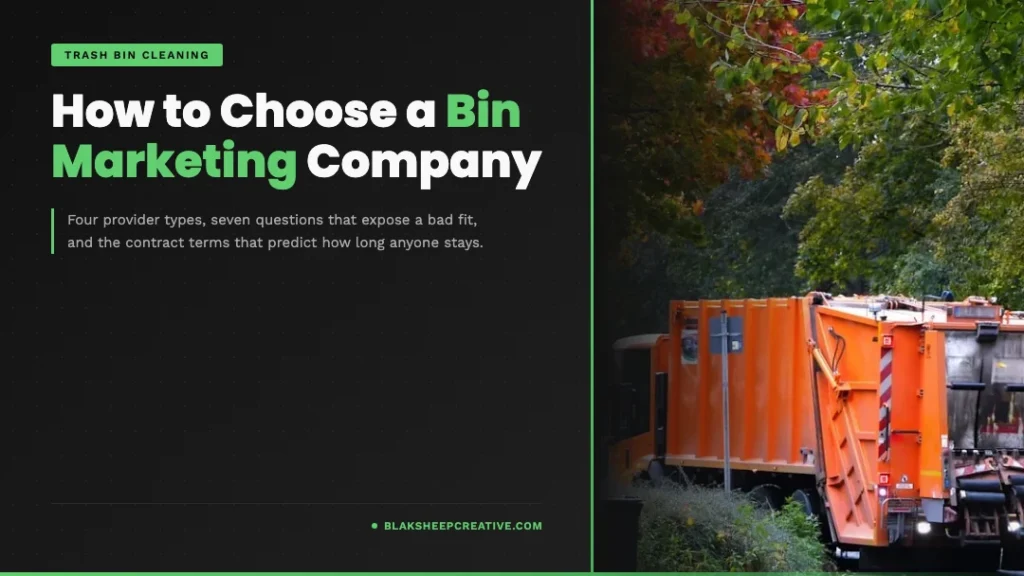 How to Choose a Bin Marketing Company, BlakSheep Creative article card showing a waste collection truck on a residential route