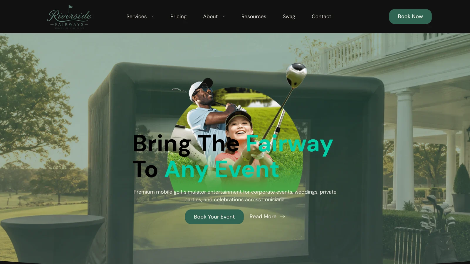Riverside Fairways homepage hero reading Bring The Fairway To Any Event