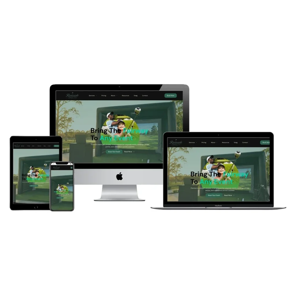 Riverside Fairways mobile golf simulator website shown on desktop, laptop, tablet and phone