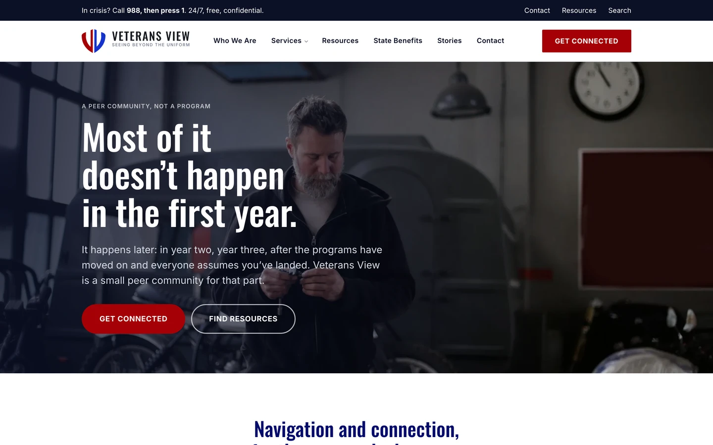 Veterans View Network homepage reading Most of it doesn't happen in the first year