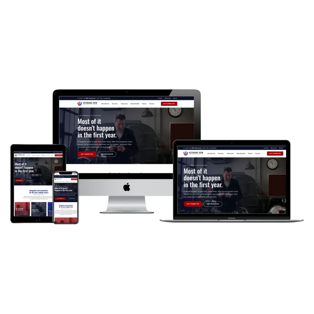 Veterans View Network website shown on desktop, laptop, tablet and phone