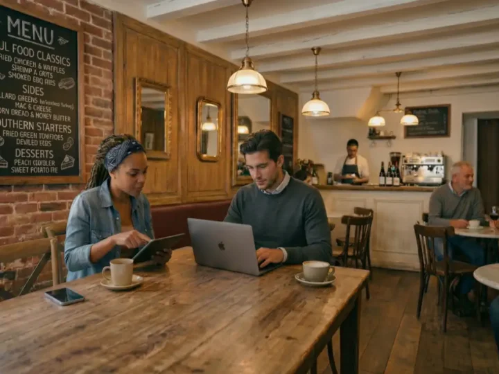 man woman working laptop tablet cafe restaurant